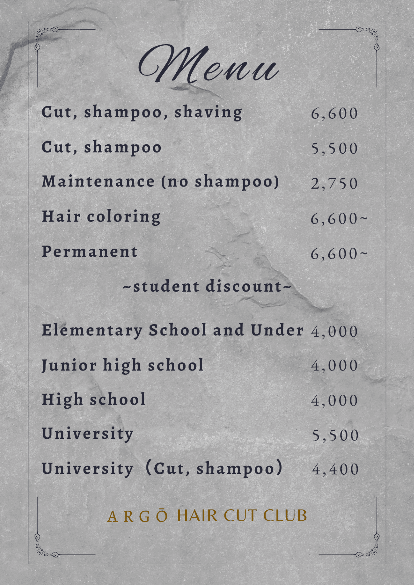 Argō  hair cut club のメニュー表